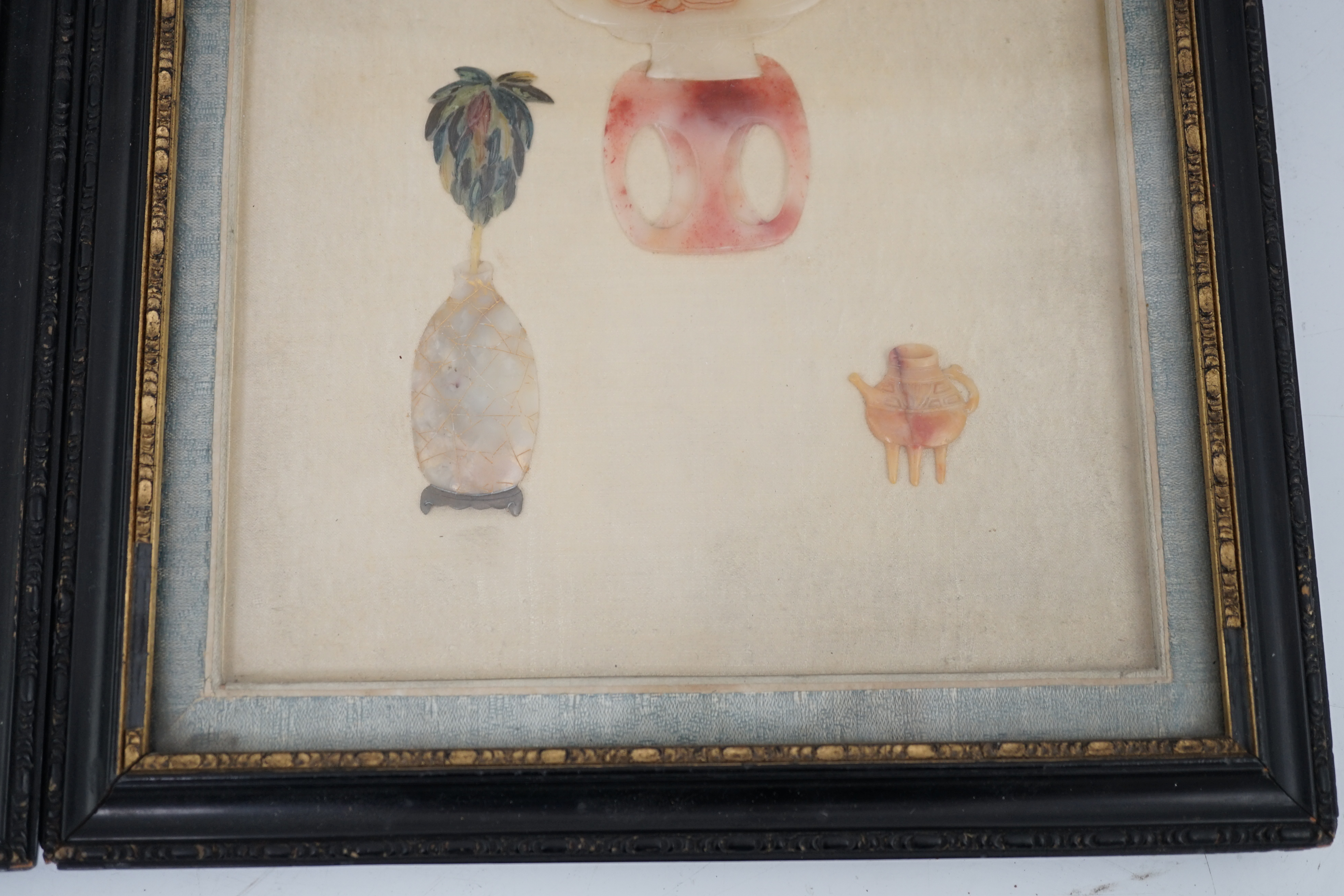 A pair of Chinese hardstone or soapstone appliqué work pictures of antiques, early 20th century